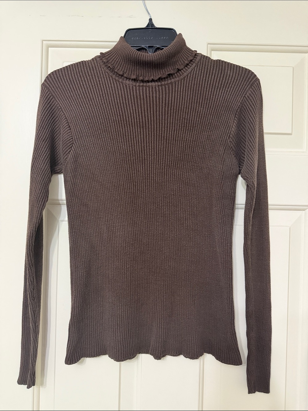 Susan Bristol Brown Ribbed Turtleneck with Ruffle Trim